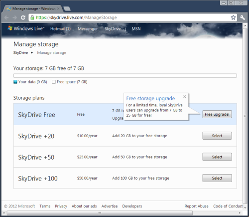 SkyDrive 7 GB to 25 GB upgrade fr current customers - act now!